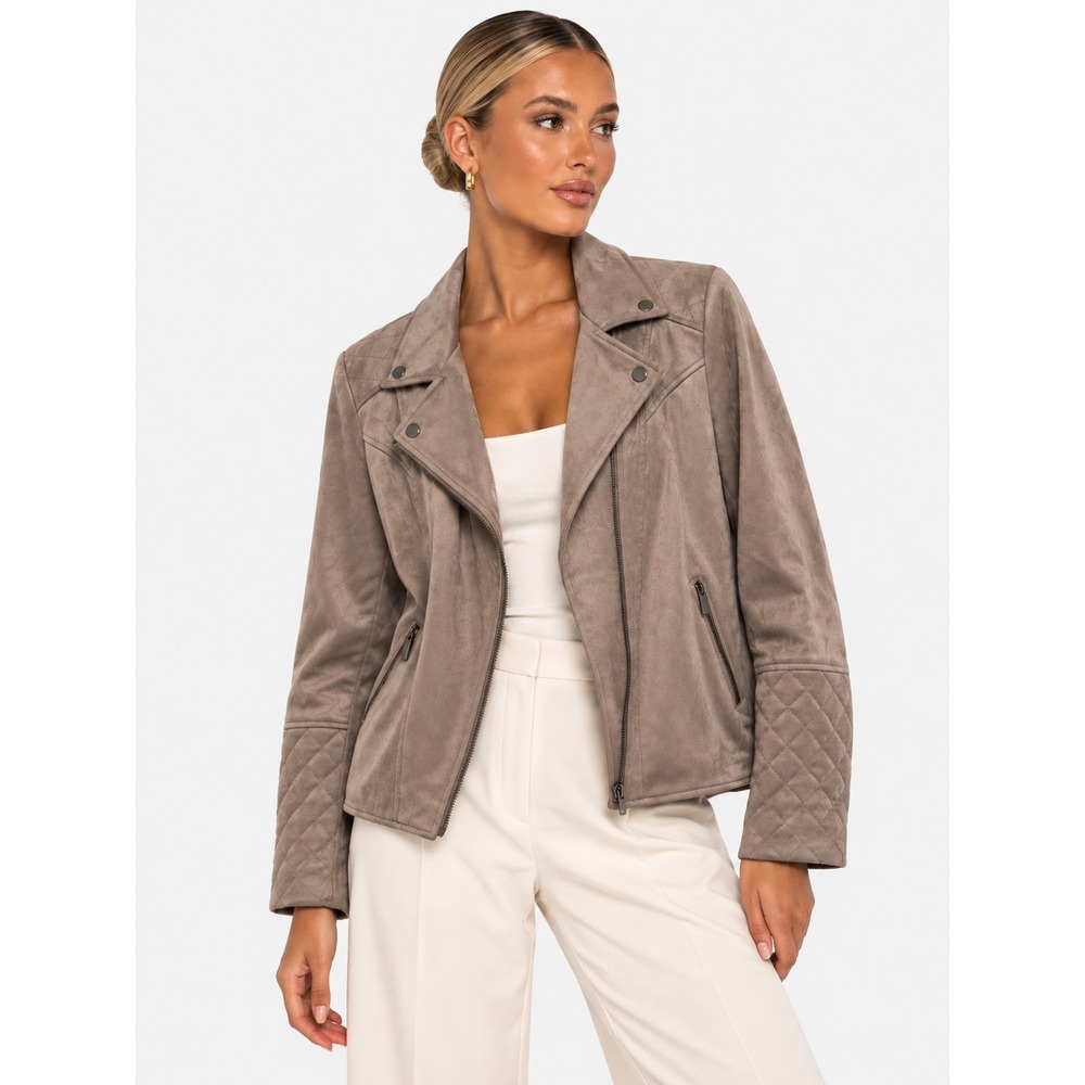 KUT from the Kloth Faux Suede Quilted Moto Jacket Taupe Brown Beige L NWOT New